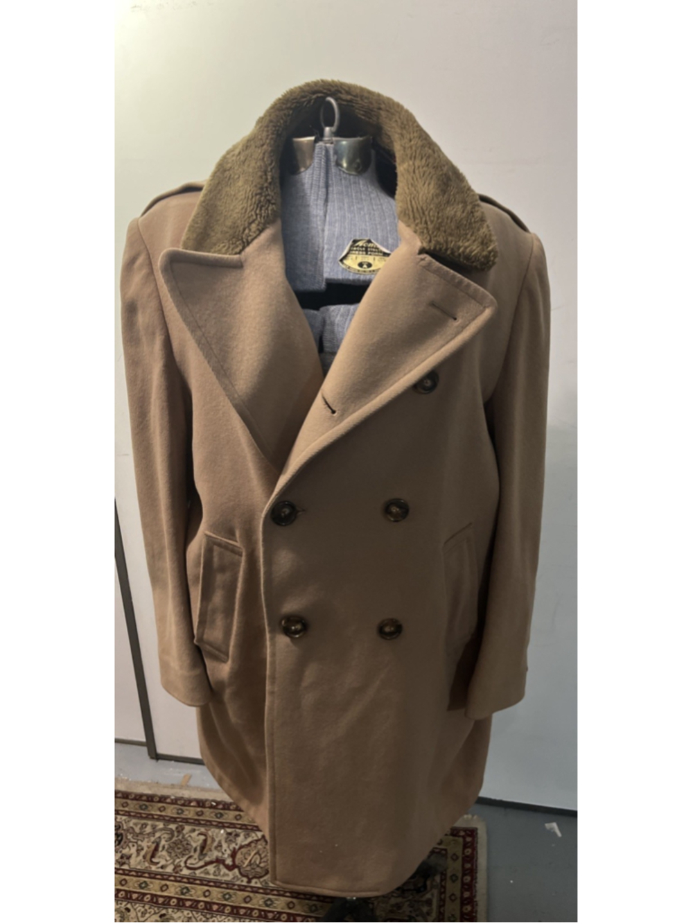 Vintage Zero King Wool Coat Mens 42 Tan Camel Faux Fur Colar Plaid Lined Double